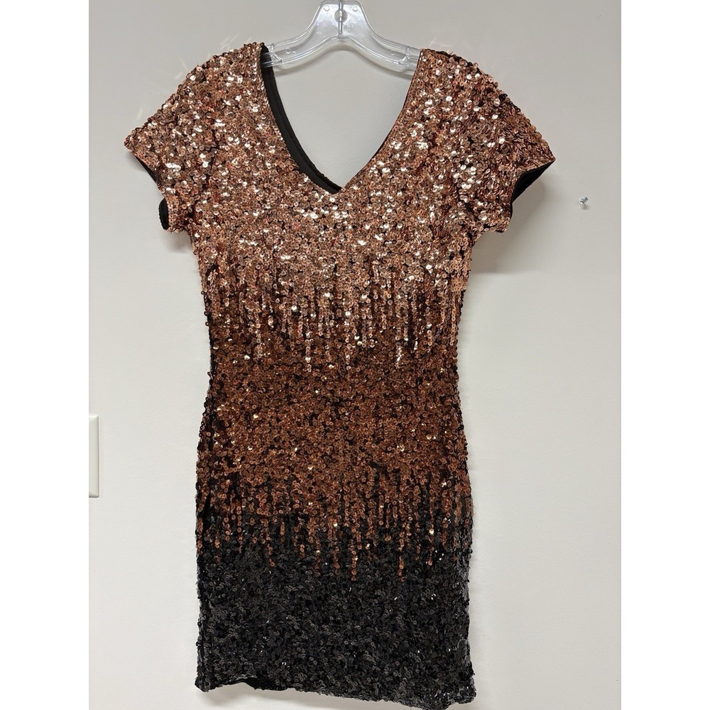 Ombre Sequin Bodycon Dress V-Neck Cap Sleeve Copper Bronze Black Cocktail Midi - Picture 6 of 10